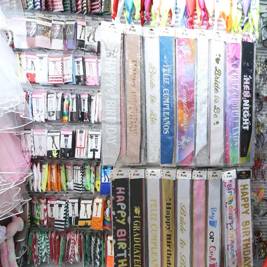 Variety of party sashes display, happy birthday, bride to be, graduation bachelorette satin sashes, party accessories bulk