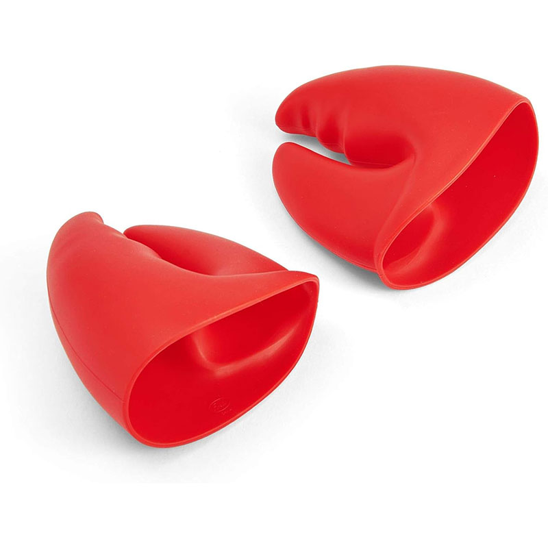 close-up red silicone finger grips grasping stainless steel pot handle