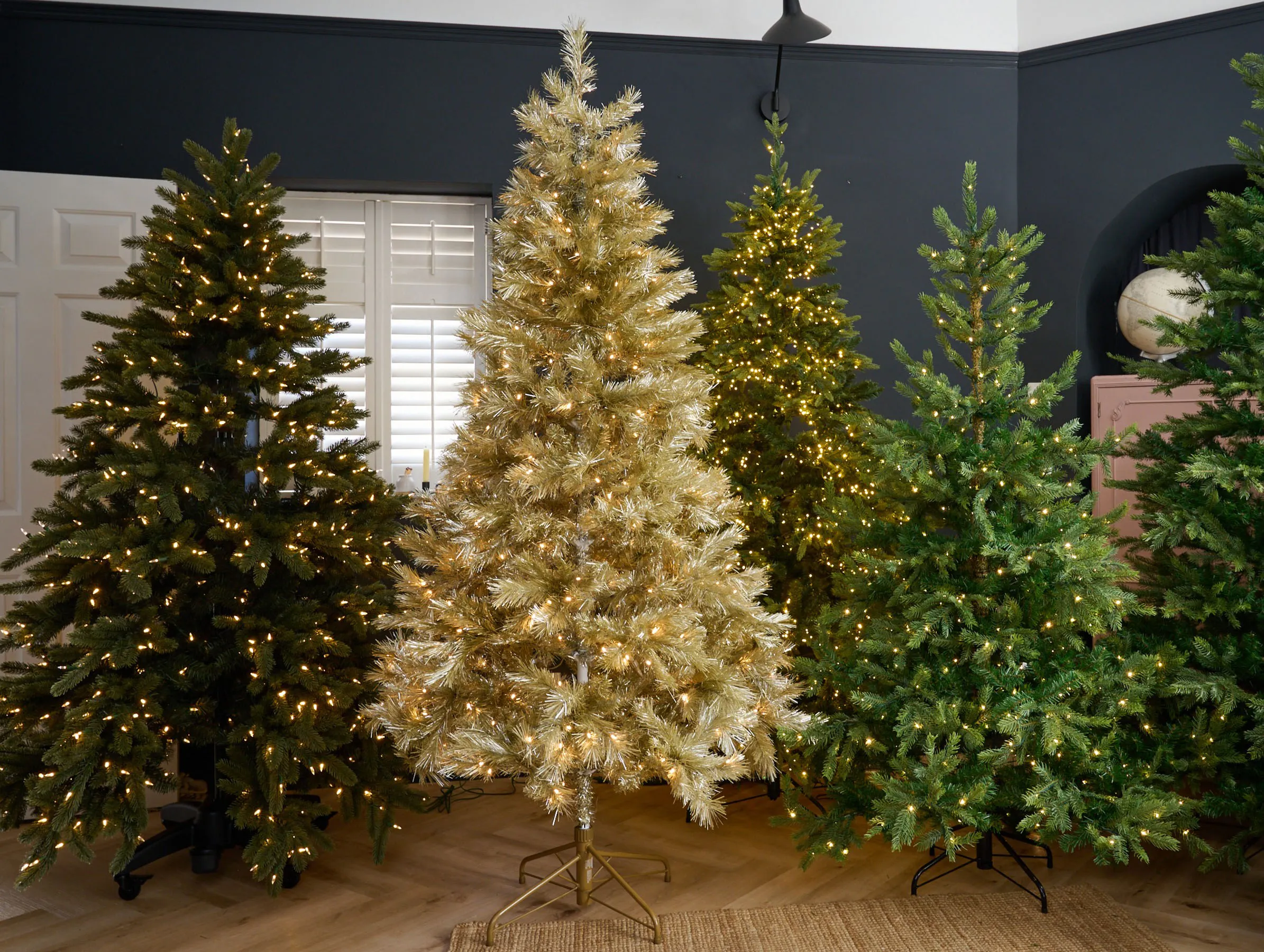 Pre‑lit artificial christmas trees, gold lighted xmas tree, indoor illuminated fake christmas trees for holiday home decor bulk