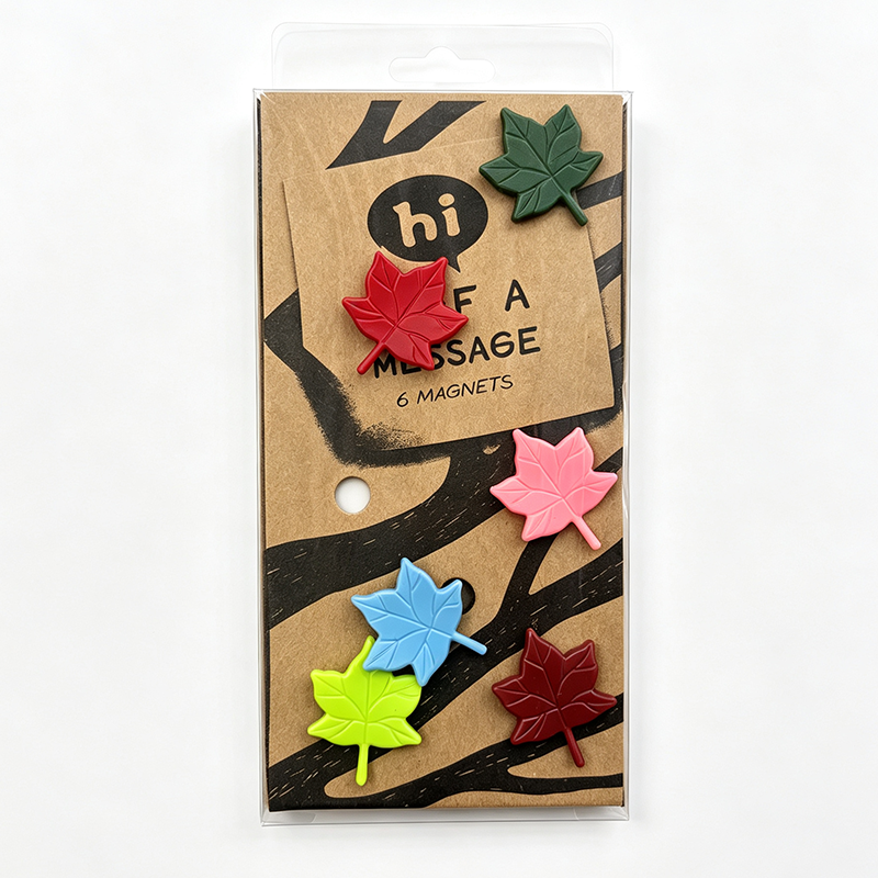 6pcs colorful maple leaf fridge magnets retail blister card white background product shot