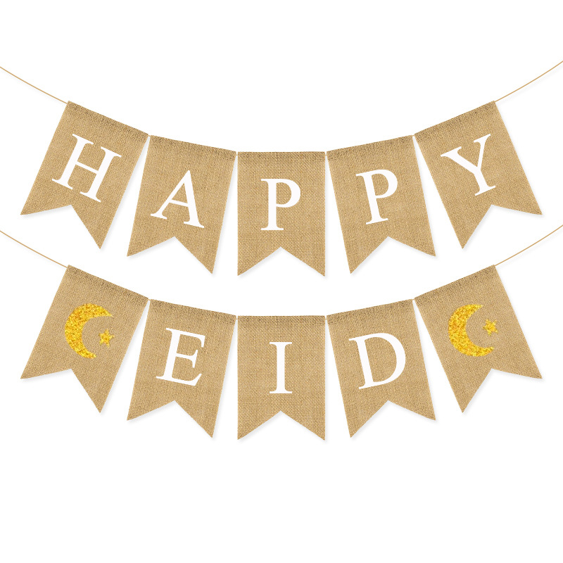 2pcs split Happy Eid natural burlap banner gold glitter crescent star white background flat lay