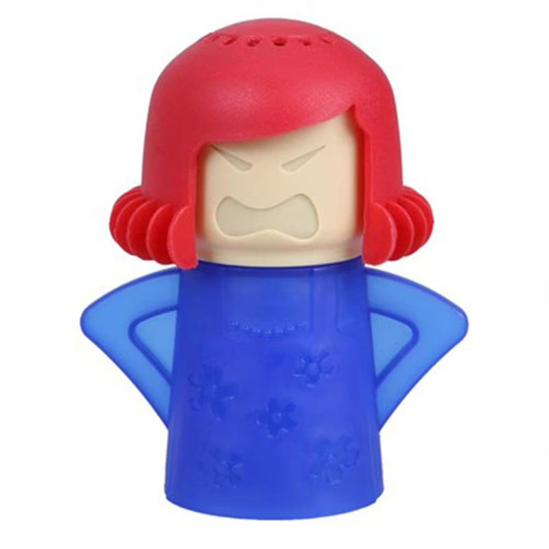 angry woman microwave steam cleaner white background product photo