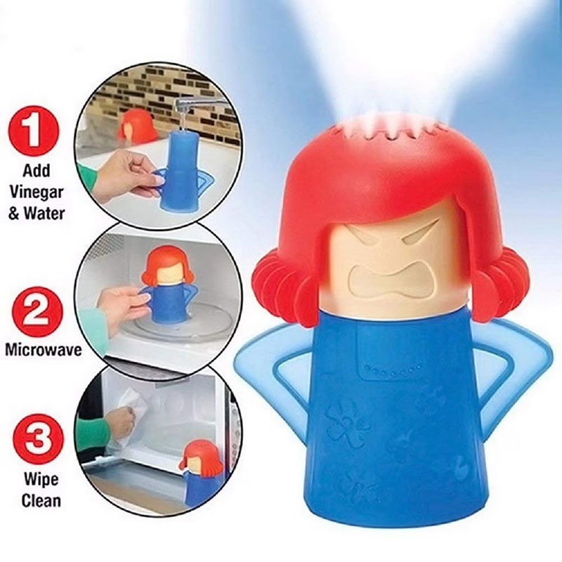 angry lady steam cleaner placed inside microwave oven