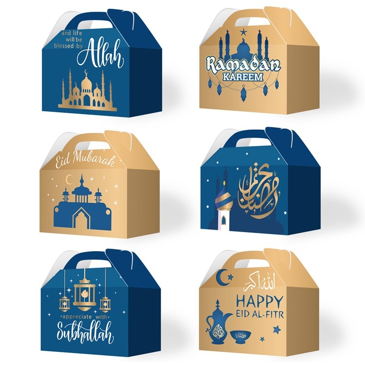6 styles Ramadan Eid Mubarak blue gold gable gift boxes islamic treat boxes with handle
