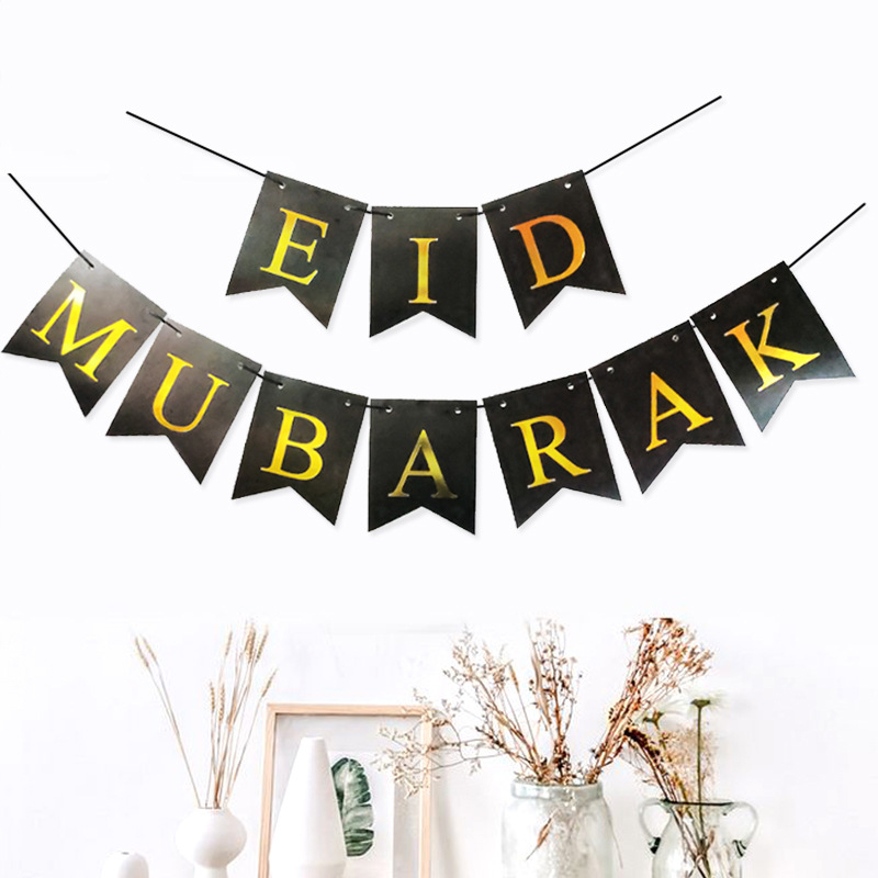 2pcs matte black Eid Mubarak split paper banner gradient gold letter white background flat lay