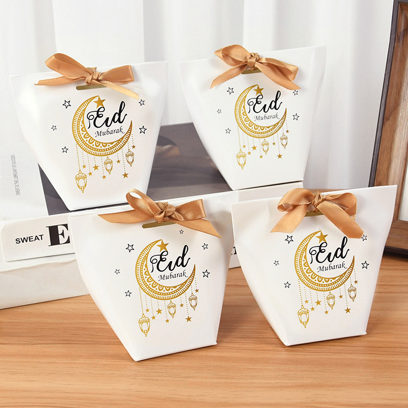 Eid Mubarak white paper treat boxes gold moon star lantern gift boxes with satin ribbon bow