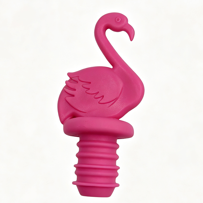 bright pink embossed feather flamingo food grade threaded silicone wine bottle stopper pure white background product shot