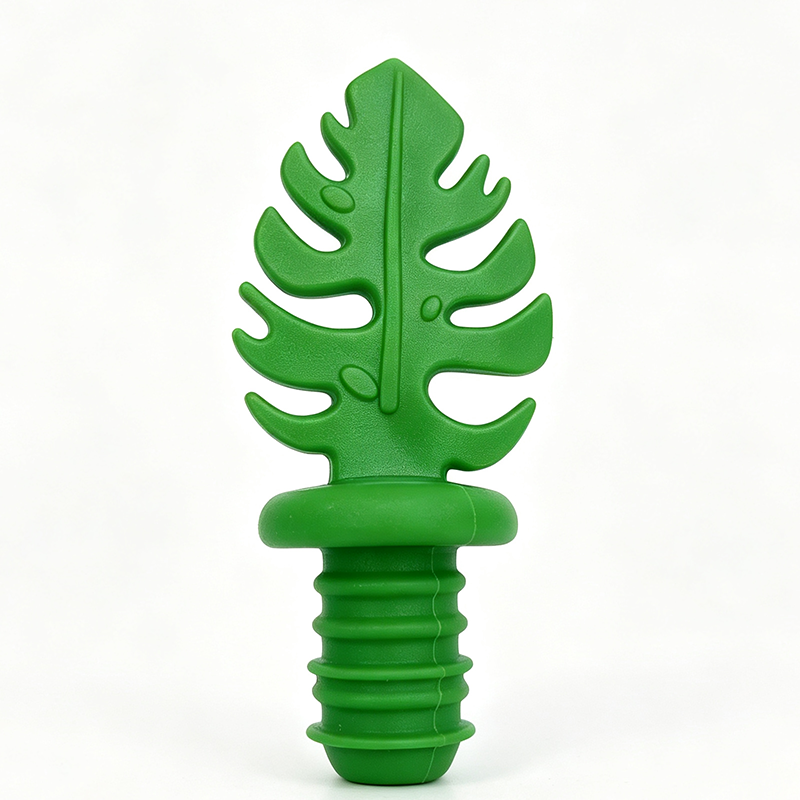 vibrant green embossed vein monstera leaf food grade threaded silicone wine bottle stopper pure white background product shot