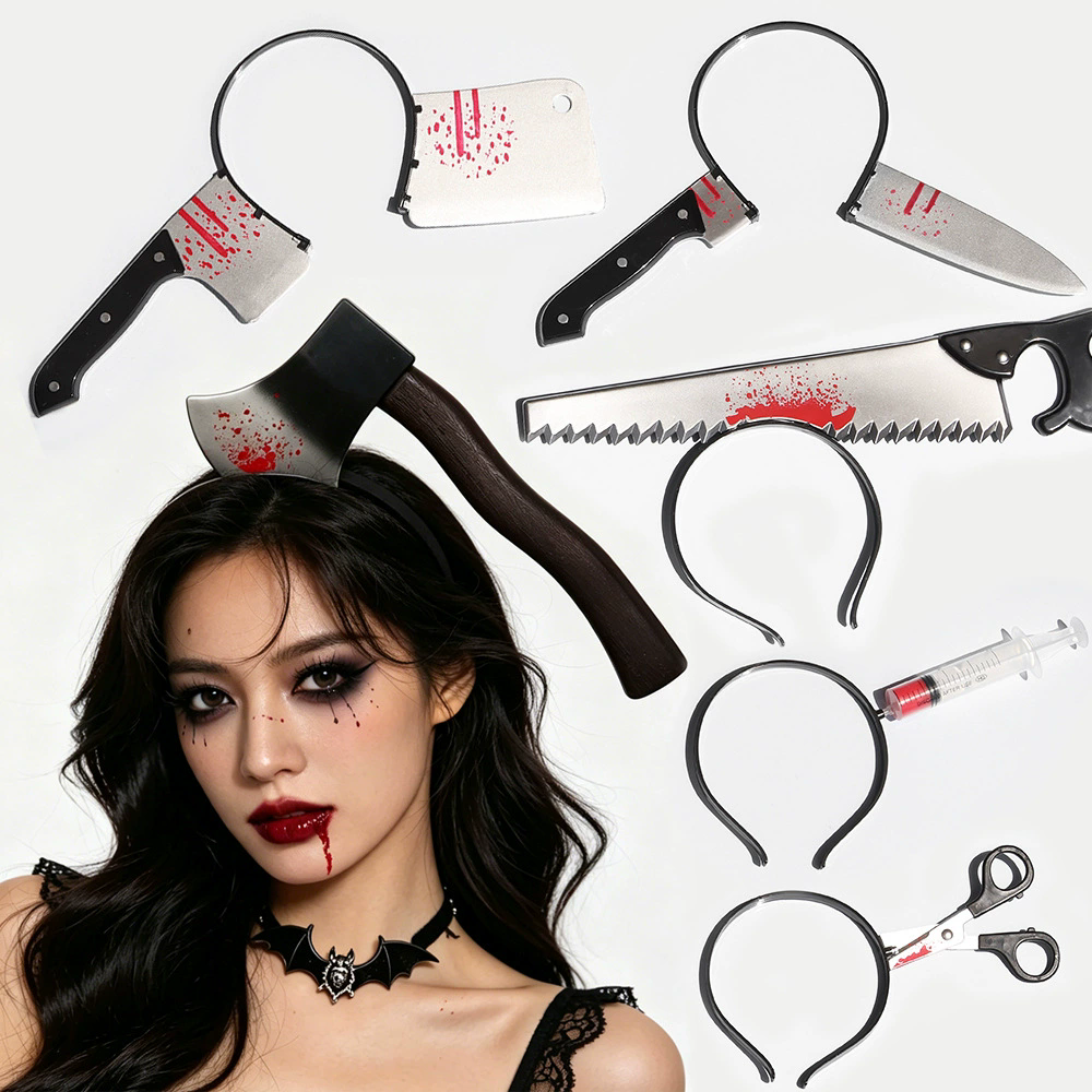 Horror Through Head Knife Headband – Bloody Axe Hairband for Scary Zombie Costume Halloween Party Prop