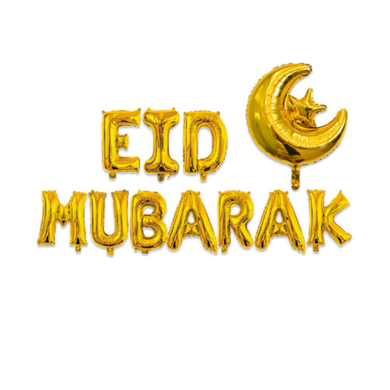 complete shiny gold Eid Mubarak foil letter balloon kit with big crescent star white background flat lay