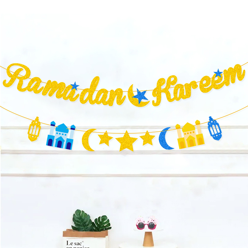 2pcs Ramadan Kareem gold blue glitter double banner hanging on white sheer curtain