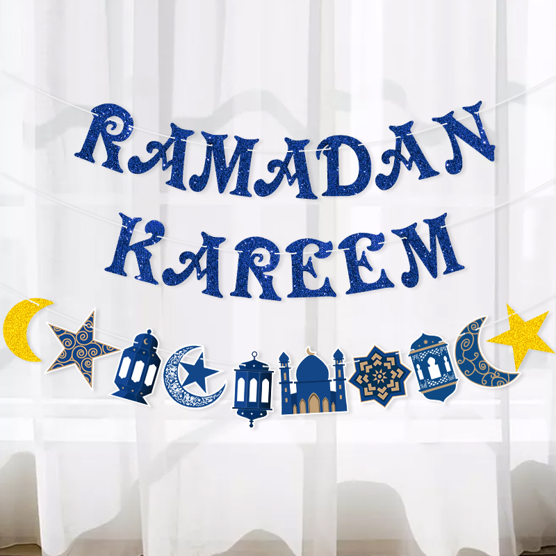 2pcs deep blue glitter Ramadan Kareem double banner hanging on sheer white curtain