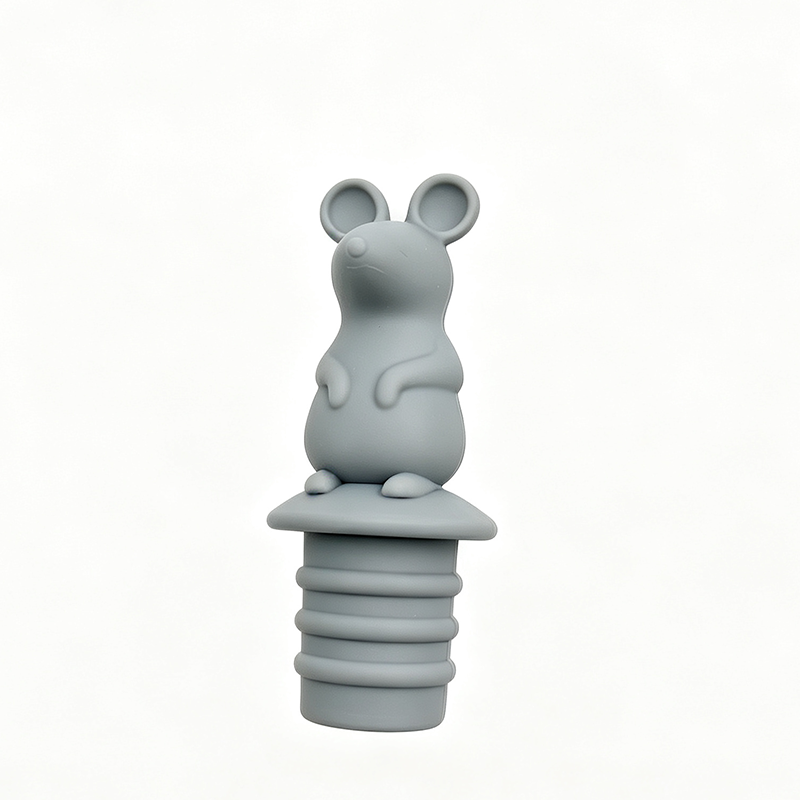 matte light gray standing big ear cartoon mouse food grade threaded silicone wine bottle stopper pure white background product shot