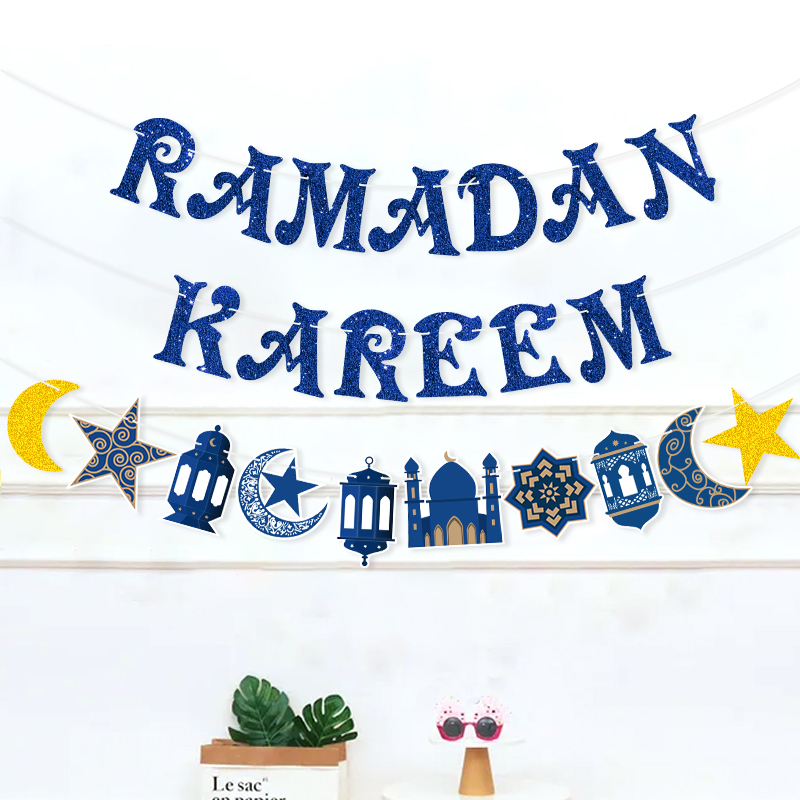 blue ramadan glitter garlands decorating living room curtain ramadan home decor shot