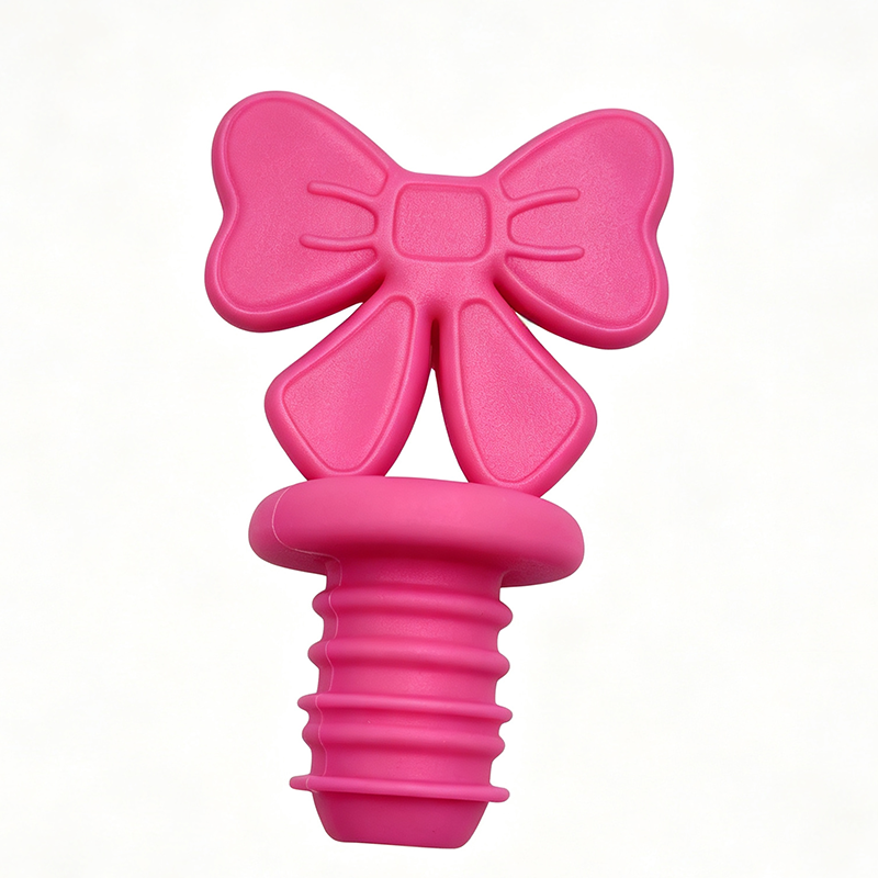 bright pink embossed heart outline bow knot food grade threaded silicone wine bottle stopper pure white background product shot