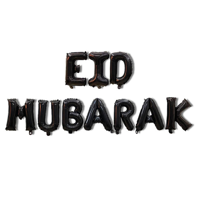 full set split matte black Eid Mubarak foil letter balloons white background flat lay