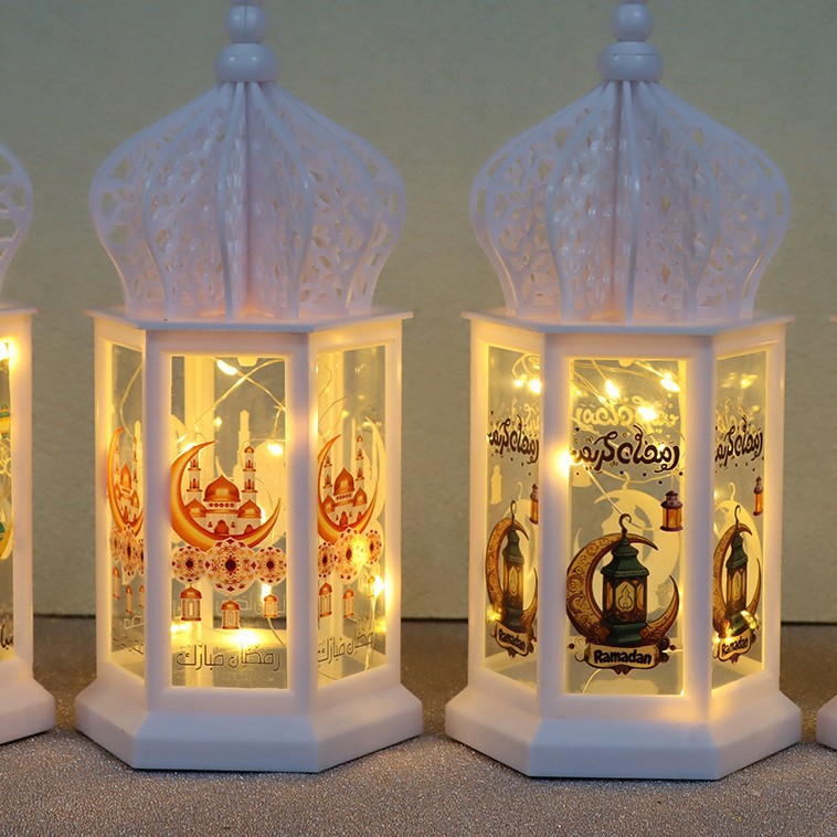 Two styles white hollow dome ramadan led lantern colorful mosque crescent print warm light display