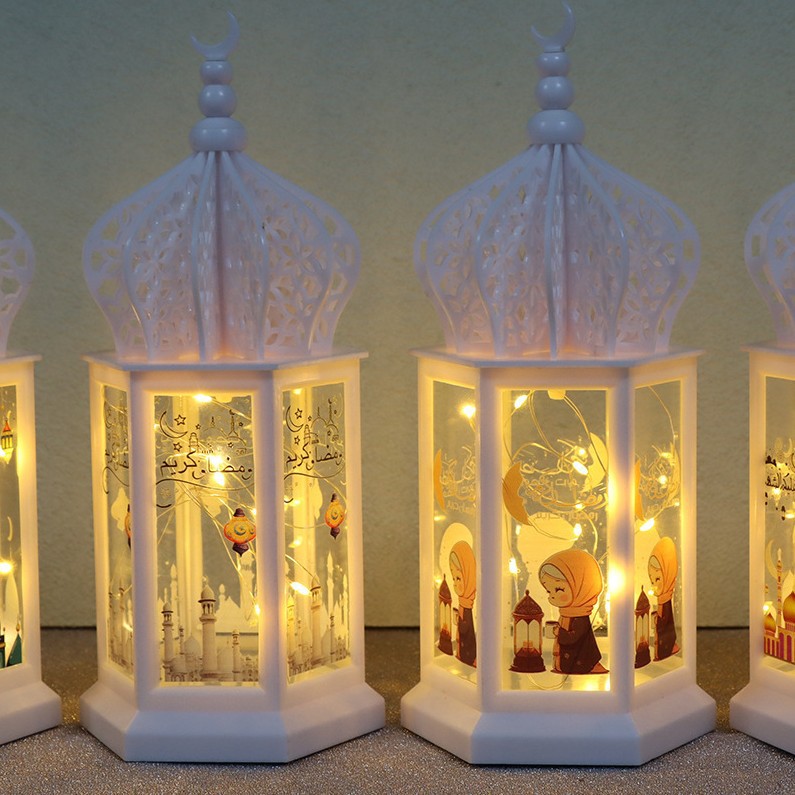 White ramadan hanging lantern suspended on window home holiday decor shot
