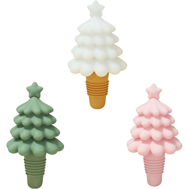 close-up tiered pine branch star top christmas tree threaded rib sealing base silicone wine stopper texture detail