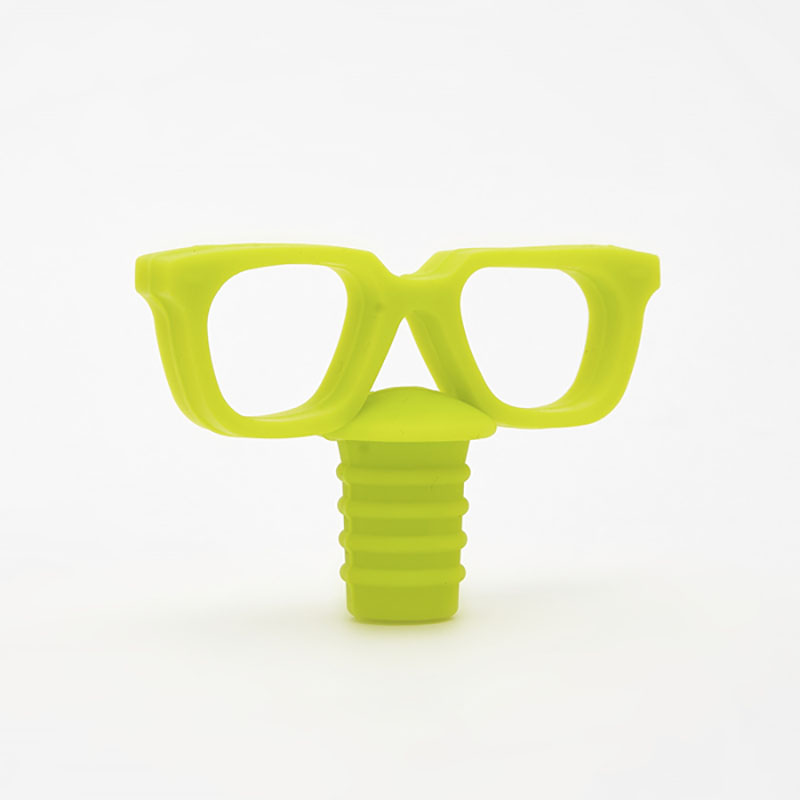 bright lime green retro square eyeglasses frame food grade threaded silicone wine bottle stopper pure white background product shot