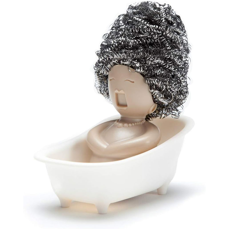 funny bathtub lady plastic steel wool holder white bathtub white background product shot
