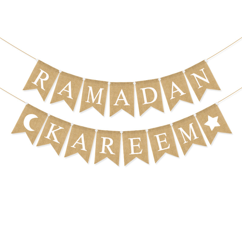 2pcs natural burlap Ramadan Kareem banner crescent star white background flat lay