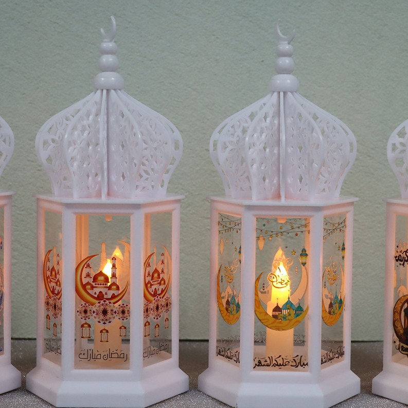 Two styles white hollow dome ramadan led candle lantern colorful mosque crescent print warm light display