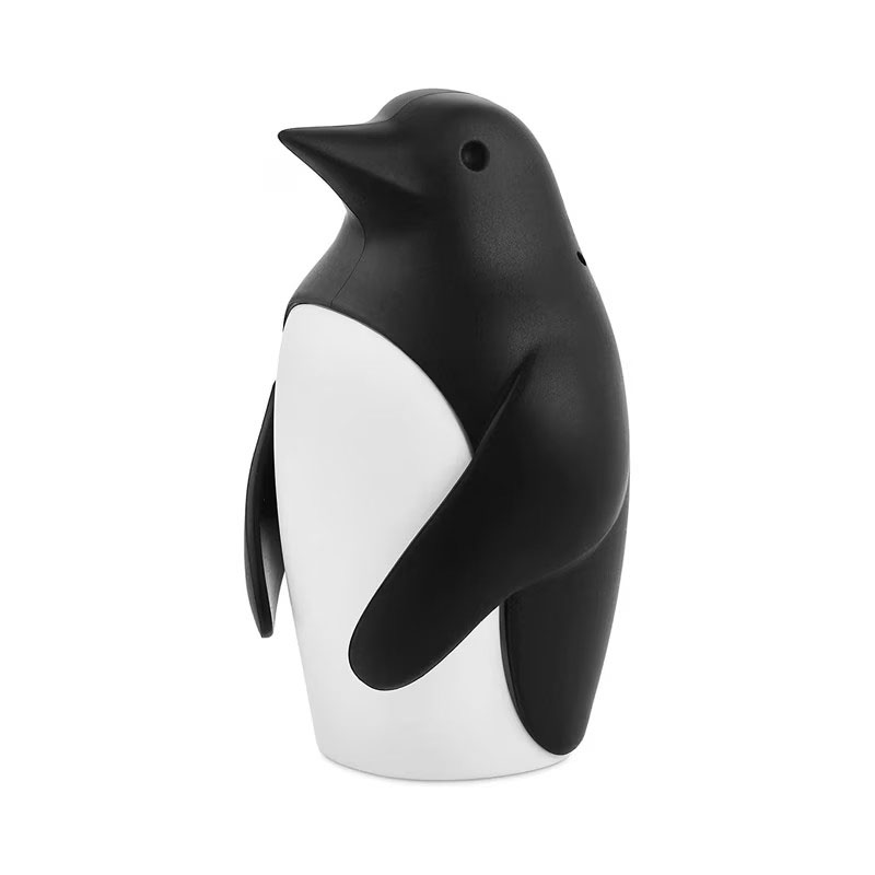 minimalist black and white penguin shaped plastic refillable fridge deodorizer pure white background product shot