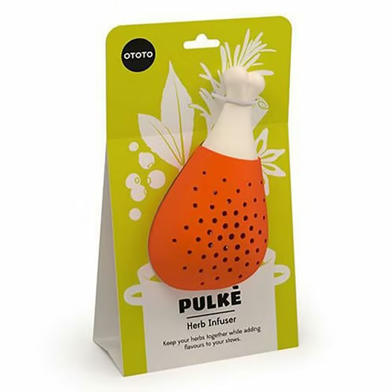 chicken drumstick silicone herb infuser with retail gift hang box white background product shot