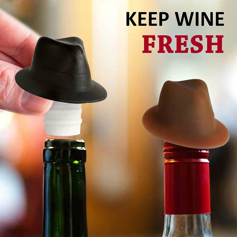 black and brown retro fedora hat silicone wine bottle stopper on wine bottle scene white background