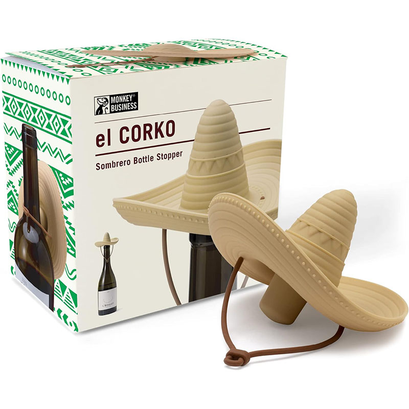 matte beige embossed mexican sombrero food grade threaded silicone wine bottle stopper with retail gift box white background product shot