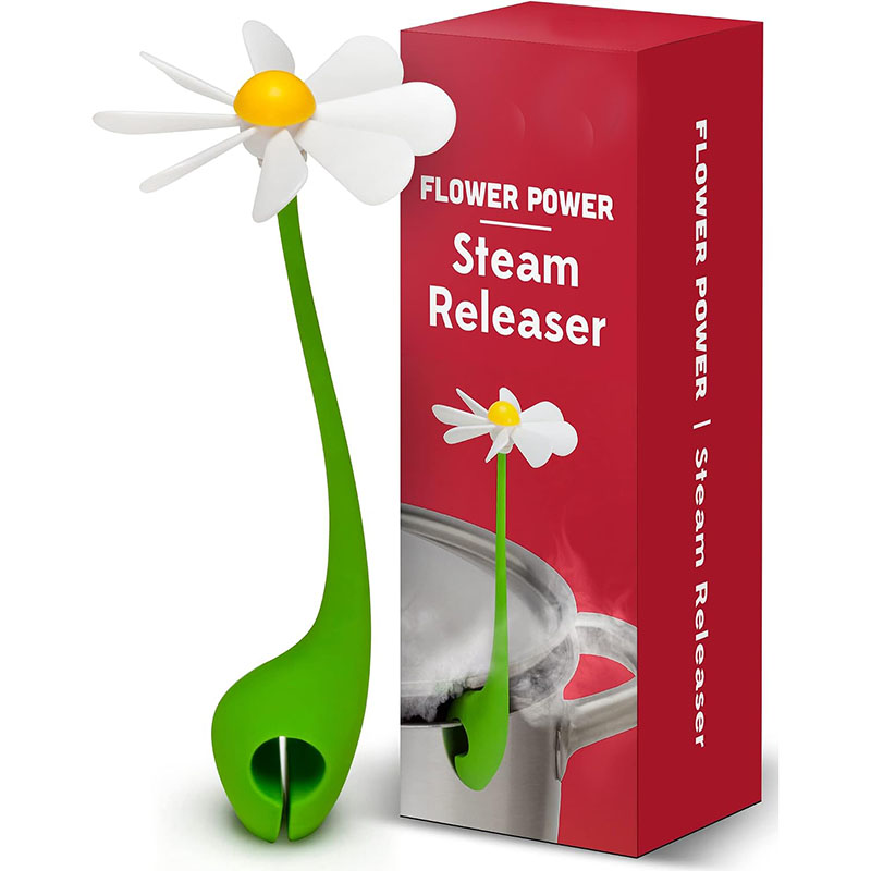 white green daisy flower silicone steam releaser with retail gift box white background product shot
