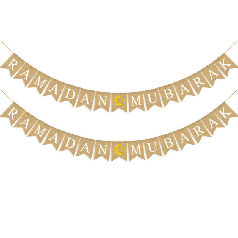 Ramadan Mubarak natural burlap banner gold glitter crescent white background flat lay