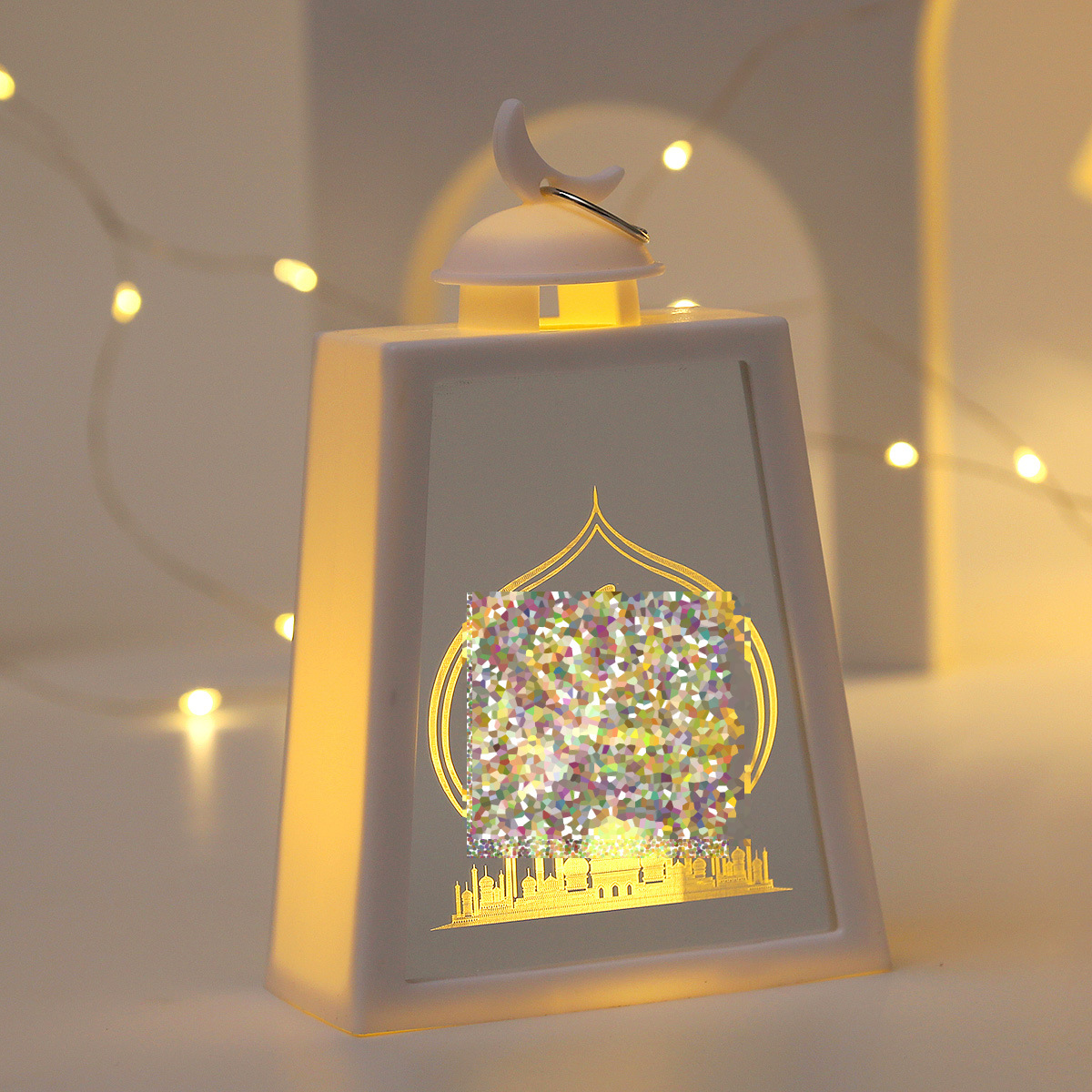 Mini white trapezoid ramadan led lantern glitter mosque print crescent top warm light