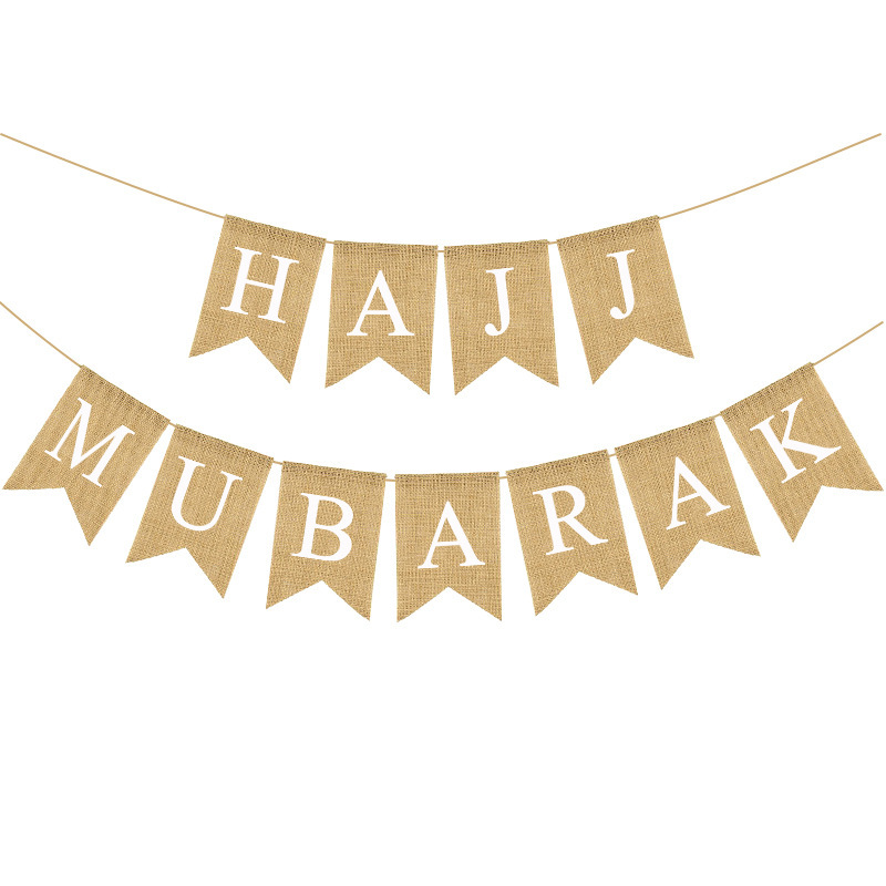 2pcs split Hajj Mubarak natural burlap banner white background flat lay