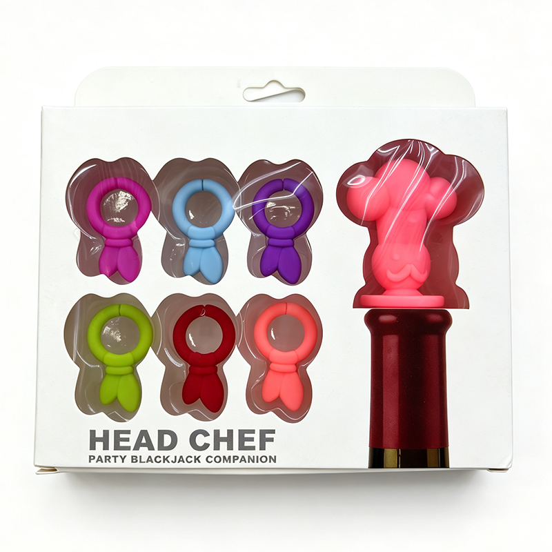 head chef silicone wine bottle stopper complete gift set with six colorful bow rings white background retail box