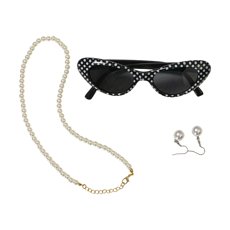 80s Retro Polka Dot Cat Eye Glasses Set – Pearl Necklace & Earrings Jewelry Set for Women Halloween Party Costume