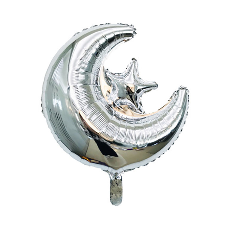 integrated shiny silver crescent moon star foil balloon pure white background flat shot