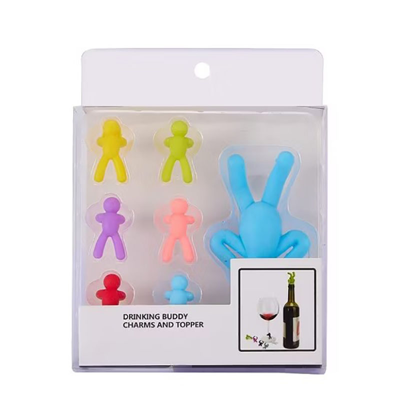 drinking buddy silicone wine stopper & glass charm complete set retail hang box white background