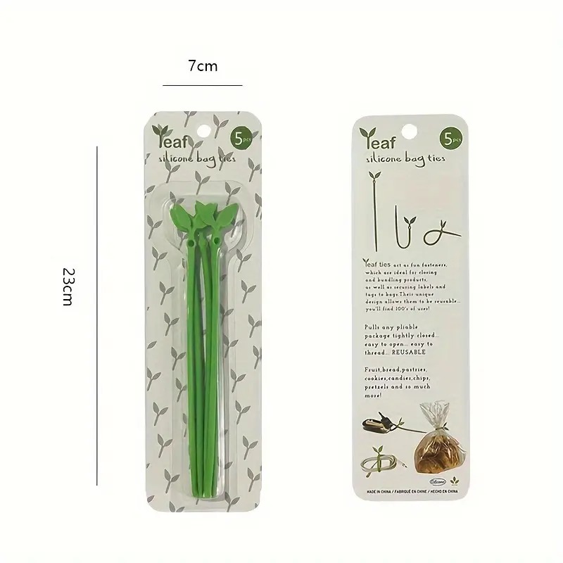 green sprout leaf silicone bag ties 5pcs retail hang card package white background product shot
