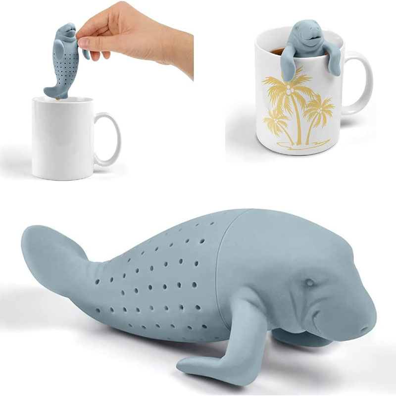 light blue manatee sea cow silicone loose leaf tea infuser white background multi scene product shot