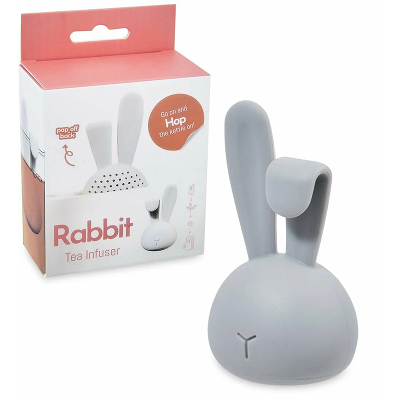 light gray rabbit bunny silicone tea infuser with retail color box white background product shot