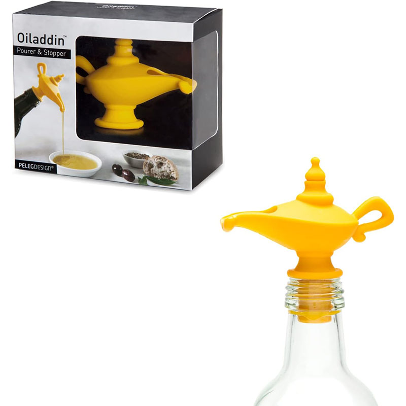 yellow aladdin genie lamp silicone oil pour spout stopper mounted on glass oil bottle with retail gift box white background