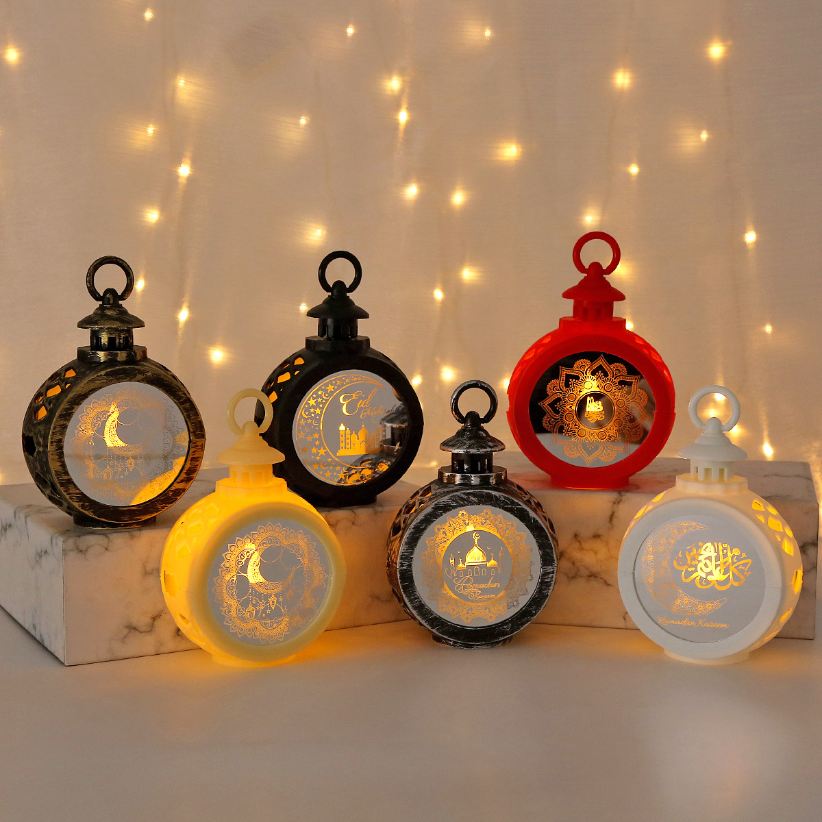 Six colors vintage round ramadan mini led lantern mosque crescent print warm light display