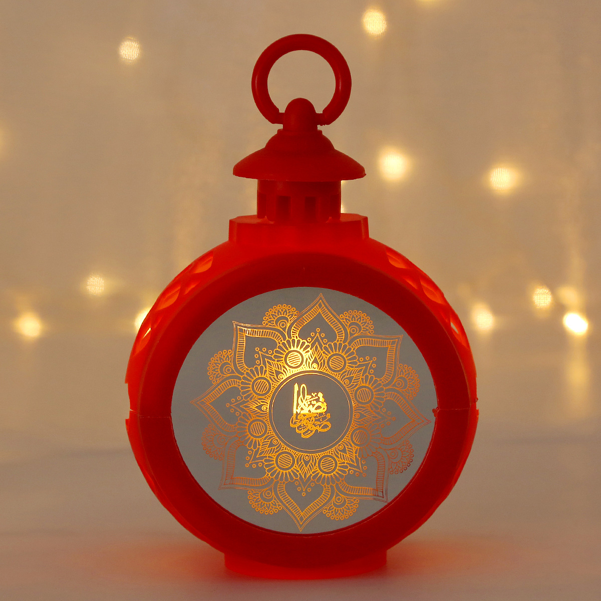 Round ramadan lantern placed on marble desktop home festive decor