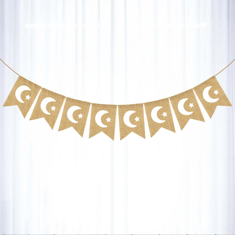 single crescent star printed burlap pennant banner hanging on sheer white curtain