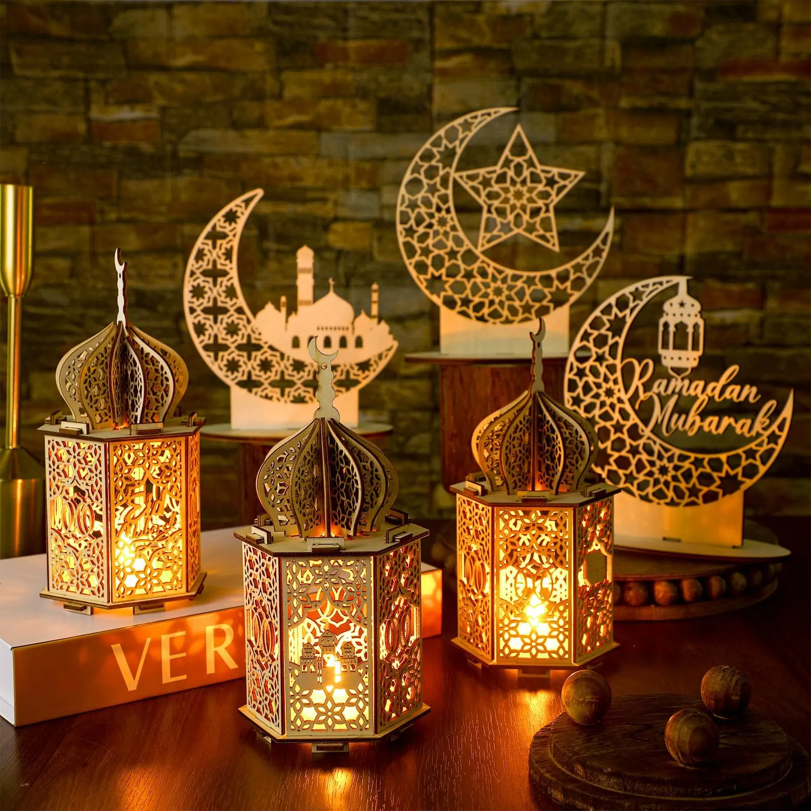Ramadan wooden LED lanterns, Eid Mubarak wooden moon star table decor, Islamic Muslim festival light ornaments bulk