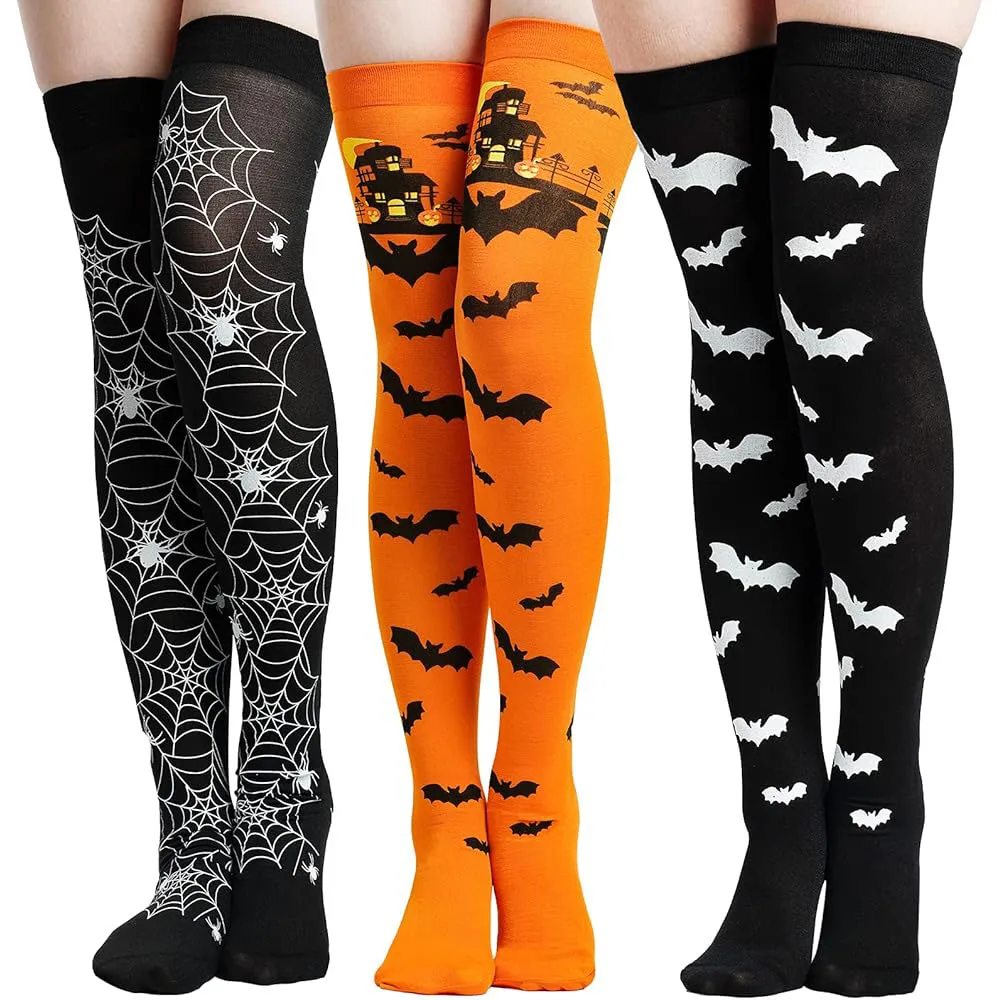 Halloween over knee high socks, spider web bat pumpkin printed thigh high stockings for cosplay fancy dress party