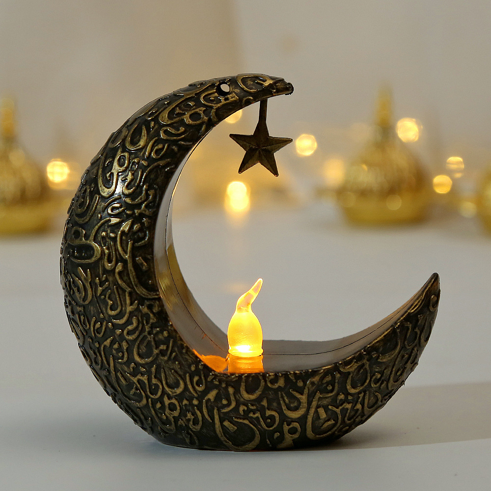 Antique bronze embossed arabic crescent star ramadan led flicker candle table decor