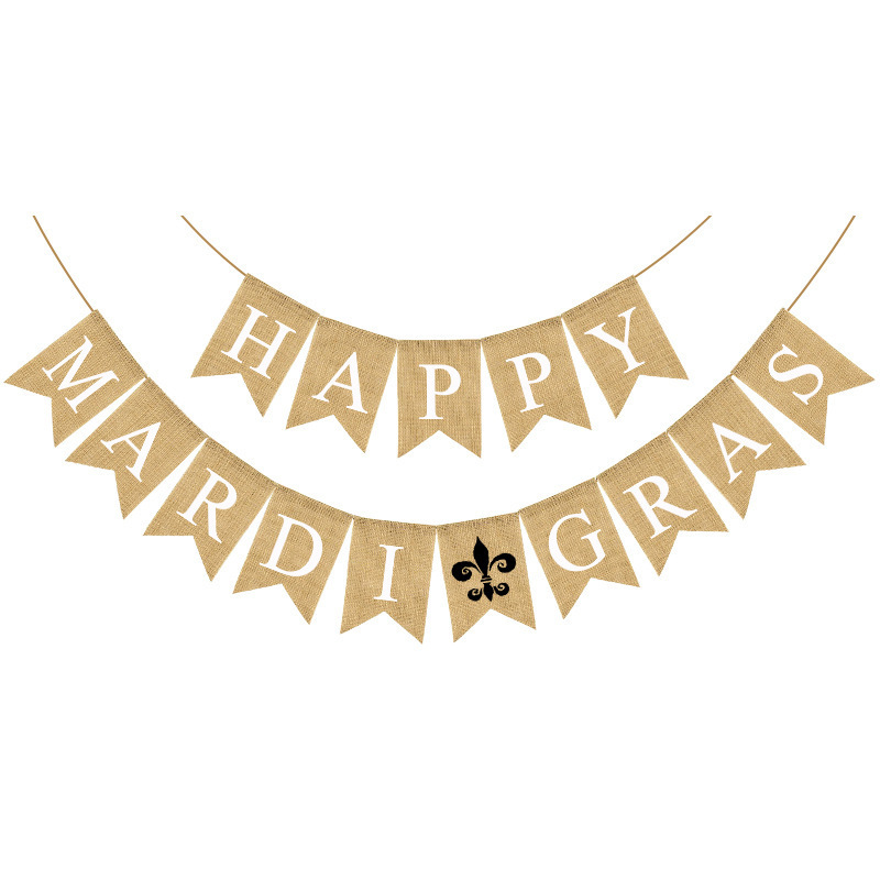 2pcs split Happy Mardi Gras natural burlap banner black fleur de lis white background flat lay